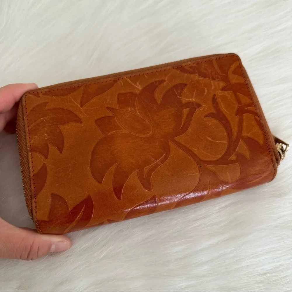 Valentina Italy Embossed Genuine Leather Floral Zip Around Wallet